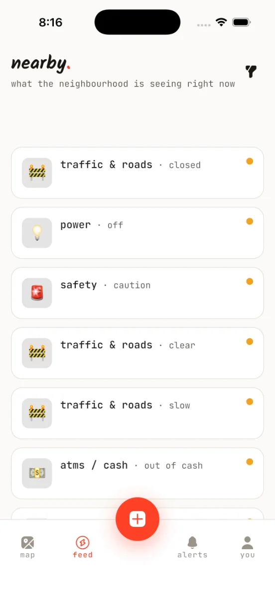 the nearby feed — a scrollable list of report cards
