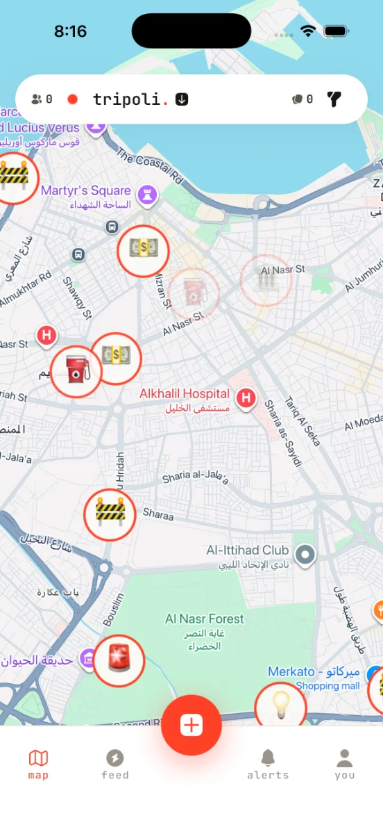 the live map of tripoli, pins color-coded by category